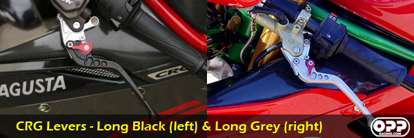 CRG clutch lever shown in long black and long grey from opp racing